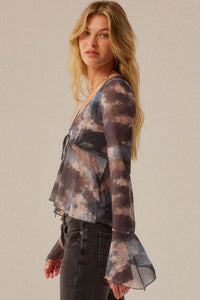 Stormy Weather Abstract Mesh Bell-Sleeve Babydoll Top - ShopPromesa