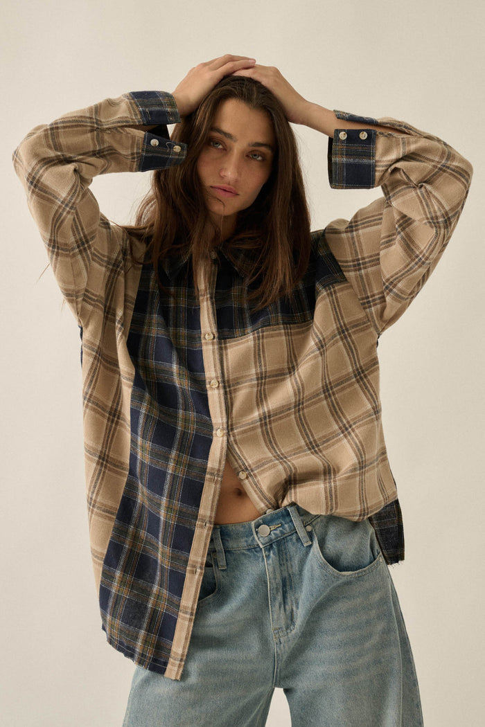 Vibe Check Colorblock Plaid Button-Up Shirt - ShopPromesa