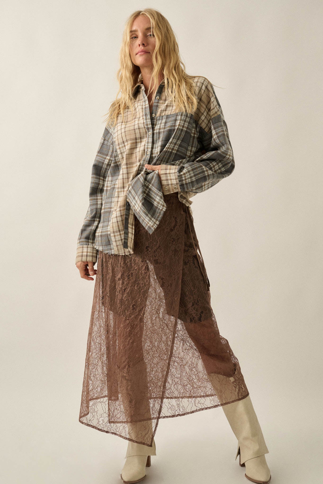 Think Twice Plaid Colorblock Raw-Edge Button-Up Shirt - ShopPromesa