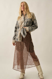 Think Twice Plaid Colorblock Raw-Edge Button-Up Shirt - ShopPromesa