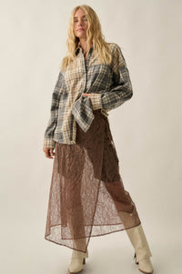 Think Twice Plaid Colorblock Raw-Edge Button-Up Shirt - ShopPromesa