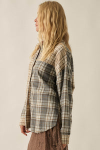 Think Twice Plaid Colorblock Raw-Edge Button-Up Shirt - ShopPromesa
