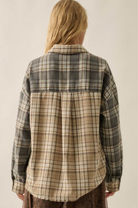 Think Twice Plaid Colorblock Raw-Edge Button-Up Shirt - ShopPromesa