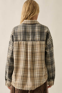 Think Twice Plaid Colorblock Raw-Edge Button-Up Shirt - ShopPromesa