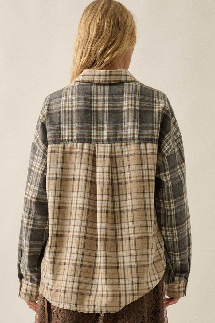 Think Twice Plaid Colorblock Raw-Edge Button-Up Shirt - ShopPromesa
