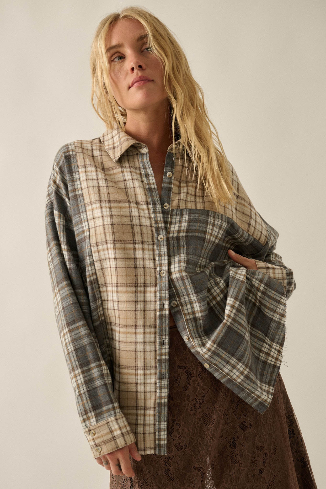 Think Twice Plaid Colorblock Raw-Edge Button-Up Shirt - ShopPromesa