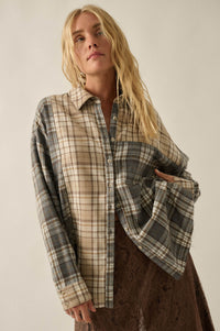 Think Twice Plaid Colorblock Raw-Edge Button-Up Shirt - ShopPromesa