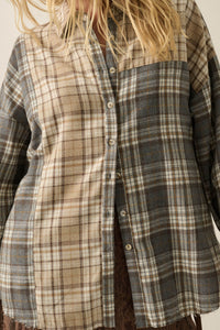 Think Twice Plaid Colorblock Raw-Edge Button-Up Shirt - ShopPromesa