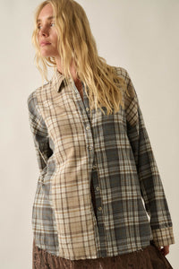 Think Twice Plaid Colorblock Raw-Edge Button-Up Shirt - ShopPromesa