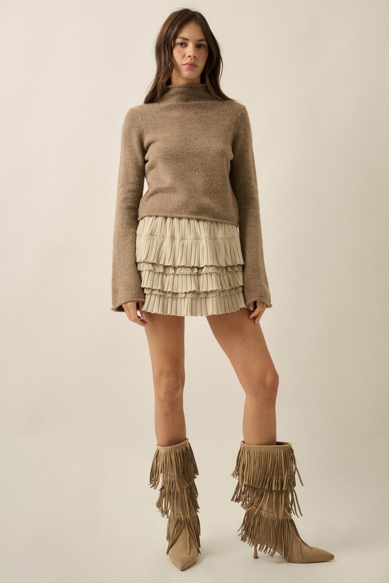 Low Key Bell-Sleeve Rolled-Edge Mock-Neck Sweater - ShopPromesa