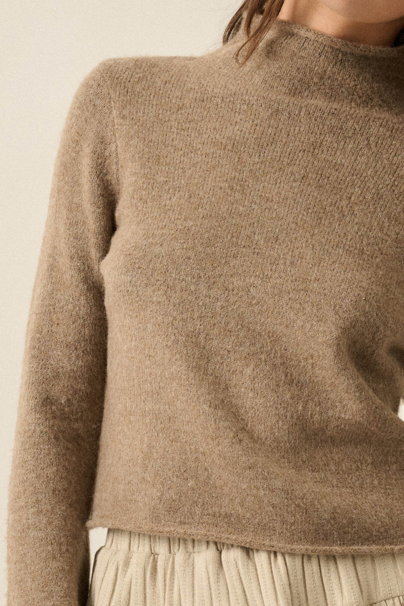 Low Key Bell-Sleeve Rolled-Edge Mock-Neck Sweater - ShopPromesa