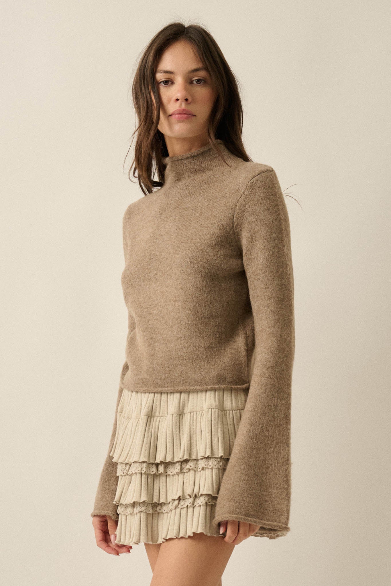 Low Key Bell-Sleeve Rolled-Edge Mock-Neck Sweater - ShopPromesa