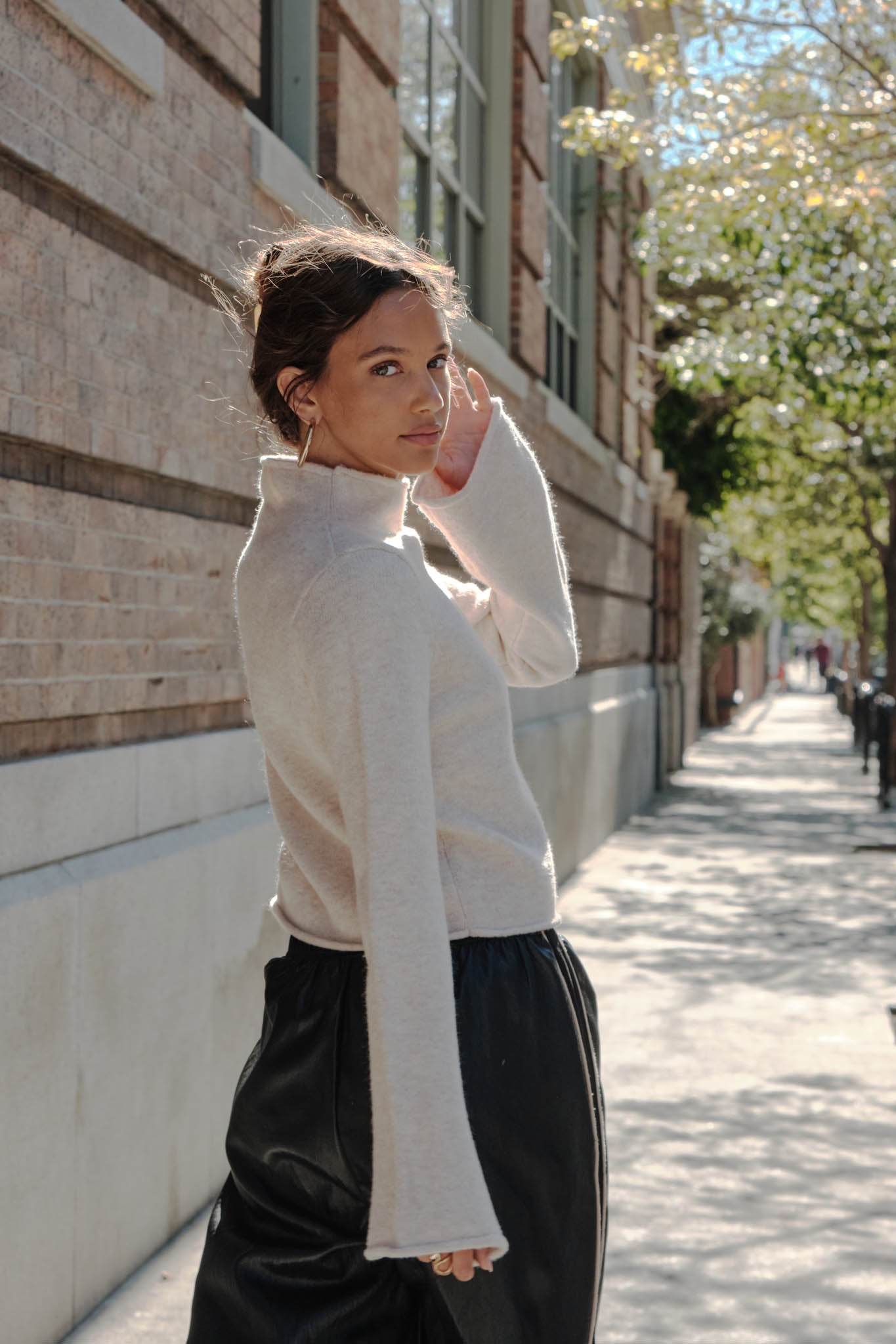 Low Key Bell-Sleeve Rolled-Edge Mock-Neck Sweater - ShopPromesa