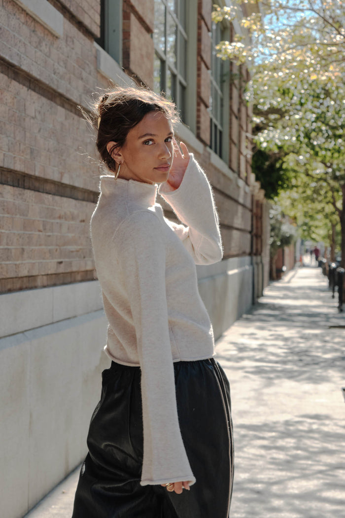 Low Key Bell-Sleeve Rolled-Edge Mock-Neck Sweater - ShopPromesa