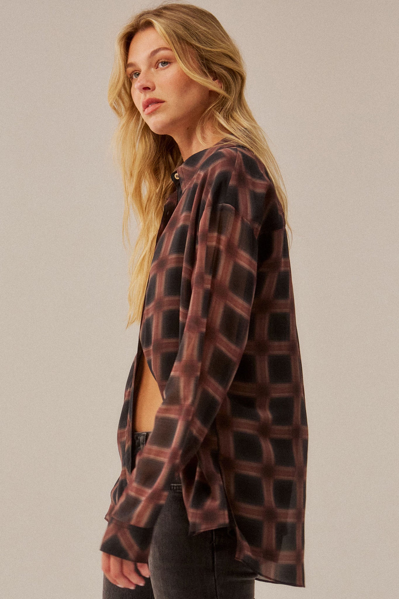Meet in the Middle Plaid Chiffon Button-Up Shirt - ShopPromesa