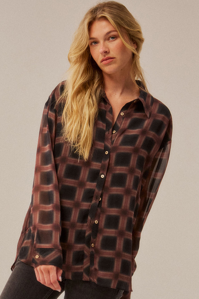 Meet in the Middle Plaid Chiffon Button-Up Shirt - ShopPromesa