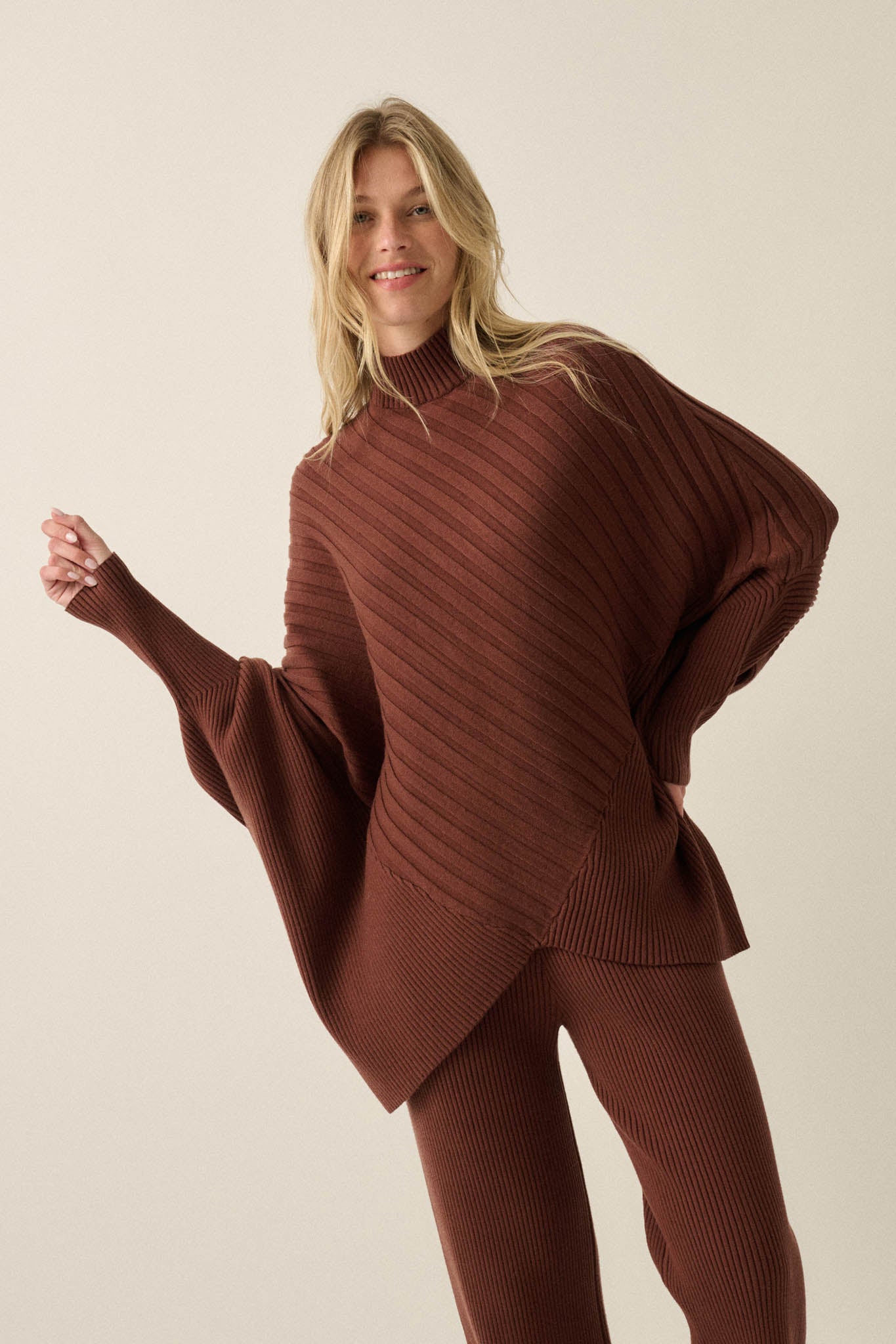 Uptown Ease Ribbed Knit Asymmetrical Poncho Sweater - ShopPromesa