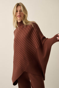 Uptown Ease Ribbed Knit Asymmetrical Poncho Sweater - ShopPromesa