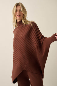 Uptown Ease Ribbed Knit Asymmetrical Poncho Sweater - ShopPromesa