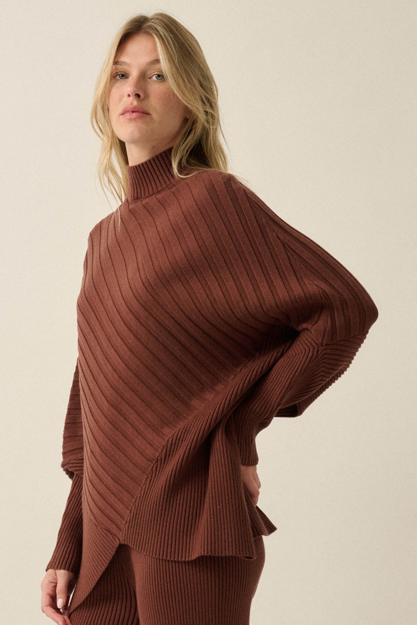 Uptown Ease Ribbed Knit Asymmetrical Poncho Sweater - ShopPromesa