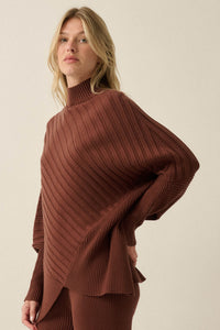 Uptown Ease Ribbed Knit Asymmetrical Poncho Sweater - ShopPromesa