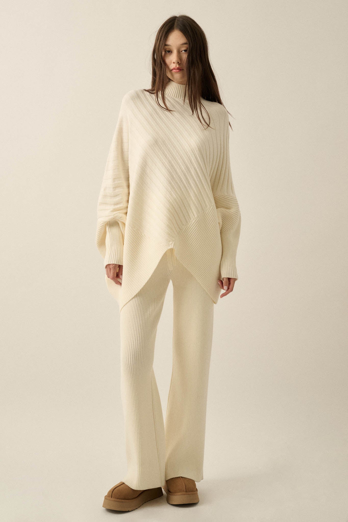 Uptown Ease Ribbed Knit Asymmetrical Poncho Sweater - ShopPromesa