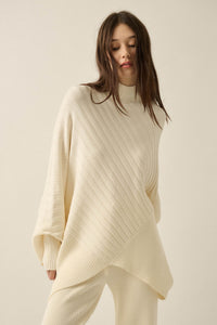 Uptown Ease Ribbed Knit Asymmetrical Poncho Sweater - ShopPromesa