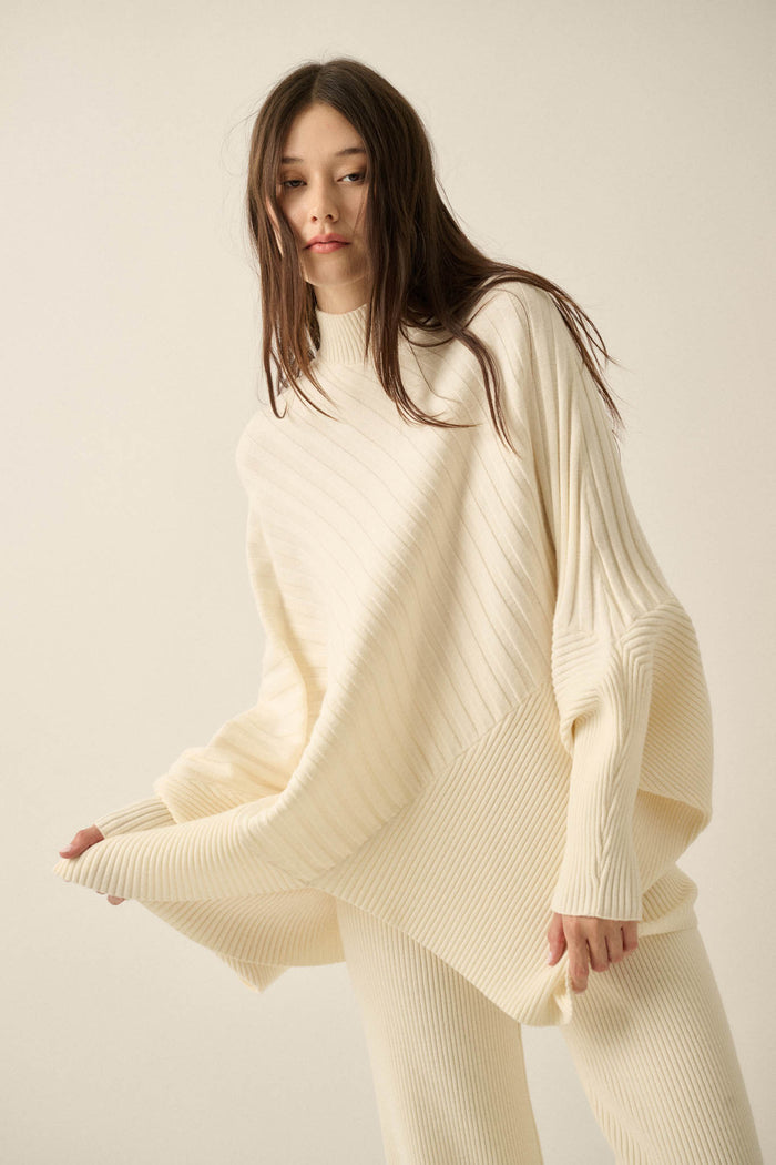 Uptown Ease Ribbed Knit Asymmetrical Poncho Sweater - ShopPromesa