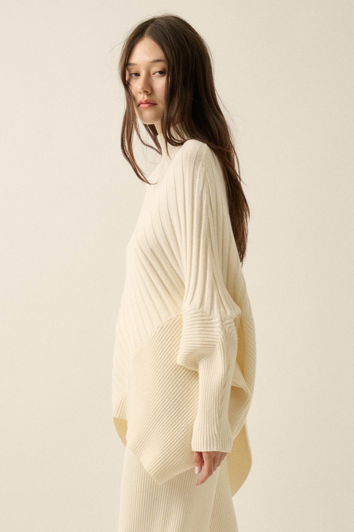 Uptown Ease Ribbed Knit Asymmetrical Poncho Sweater - ShopPromesa
