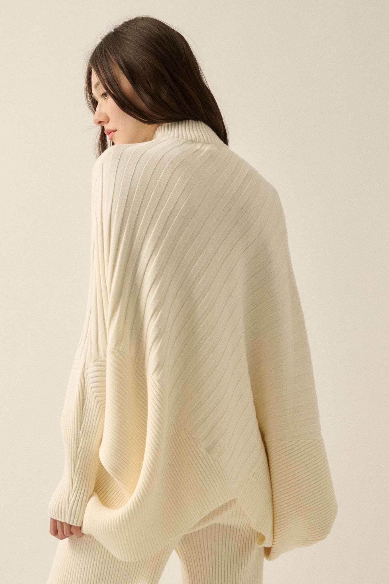 Uptown Ease Ribbed Knit Asymmetrical Poncho Sweater - ShopPromesa
