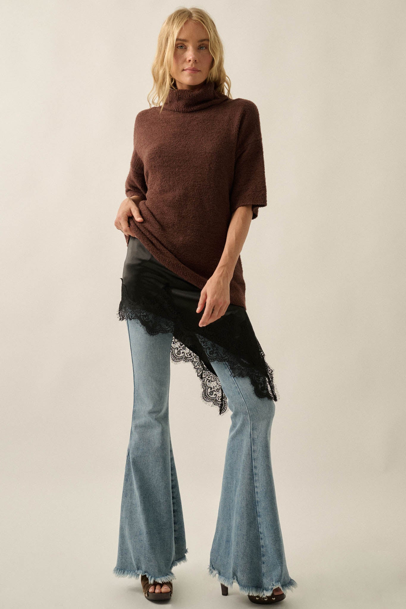 Safe Haven Textured Short-Sleeve Cowl-Neck Sweater - ShopPromesa