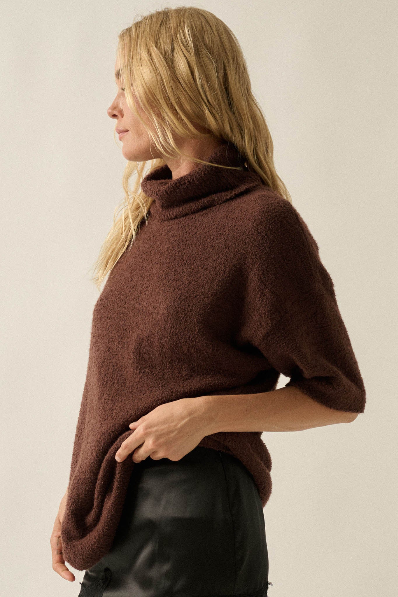 Safe Haven Textured Short-Sleeve Cowl-Neck Sweater - ShopPromesa
