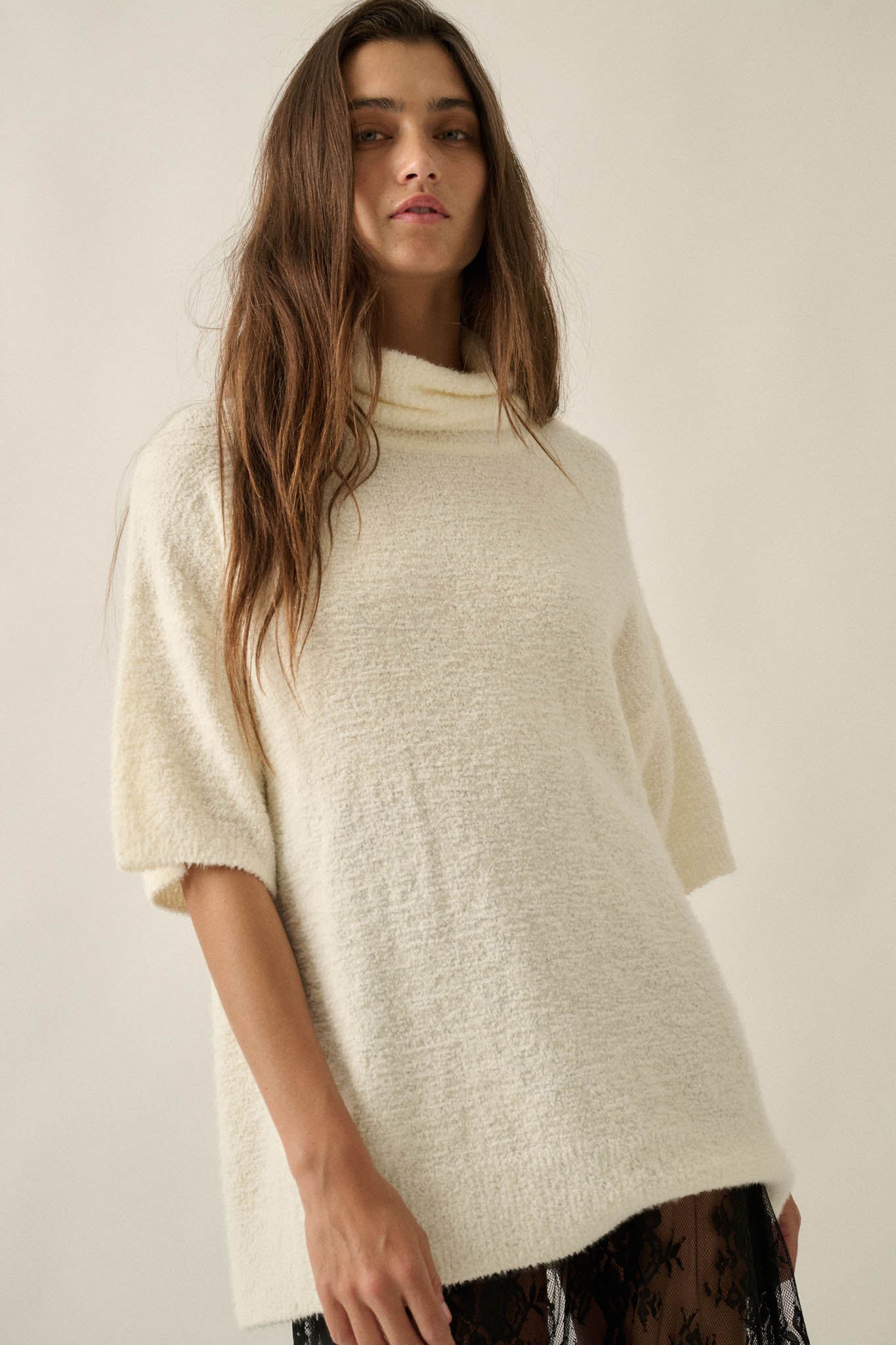 Safe Haven Textured Short-Sleeve Cowl-Neck Sweater - ShopPromesa