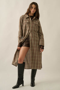 Off the Grid Plaid Button-Up Long-Sleeve Maxi Top - ShopPromesa