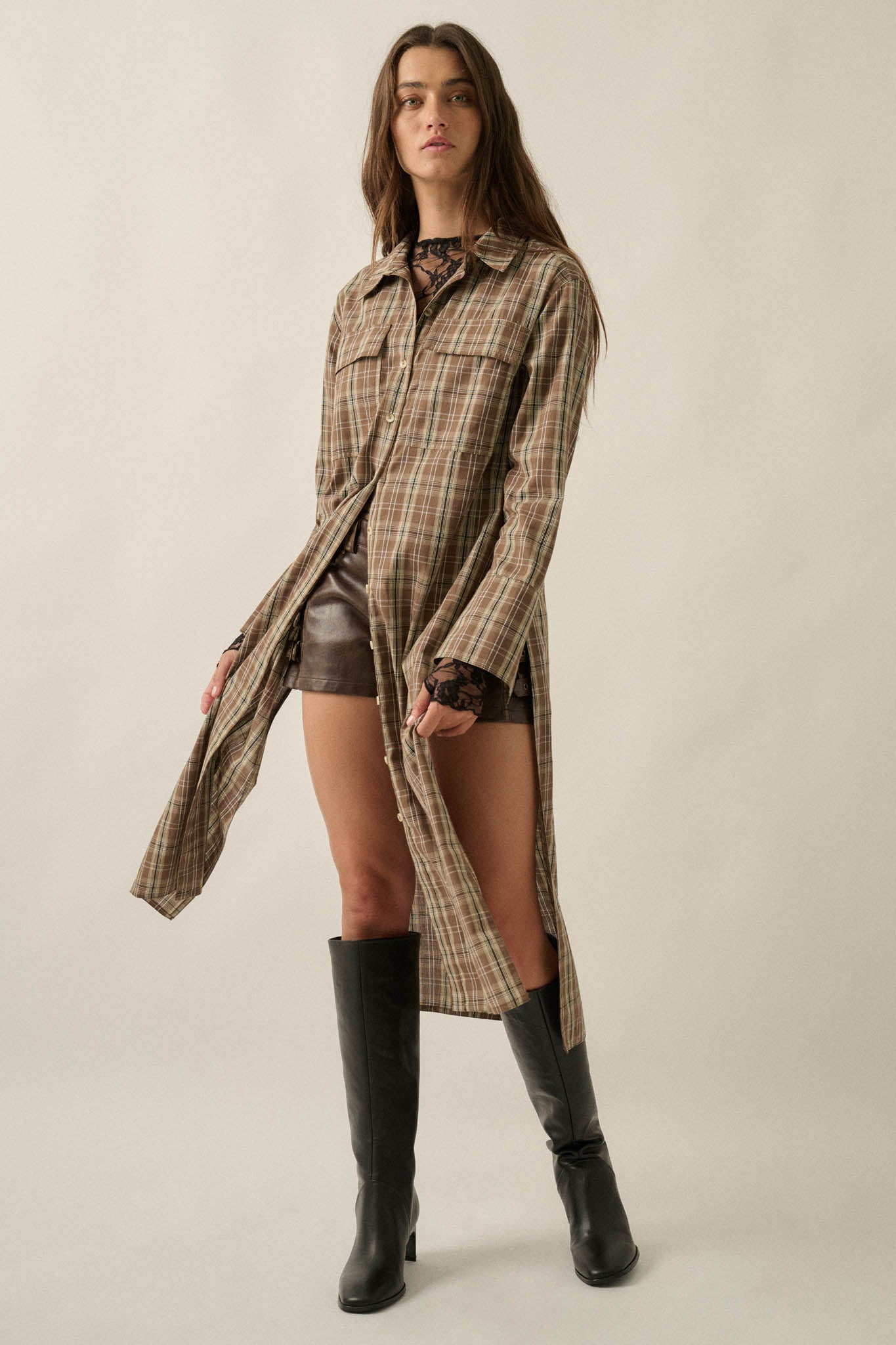 Off the Grid Plaid Button-Up Long-Sleeve Maxi Top - ShopPromesa