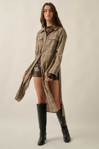 Off the Grid Plaid Button-Up Long-Sleeve Maxi Top - ShopPromesa