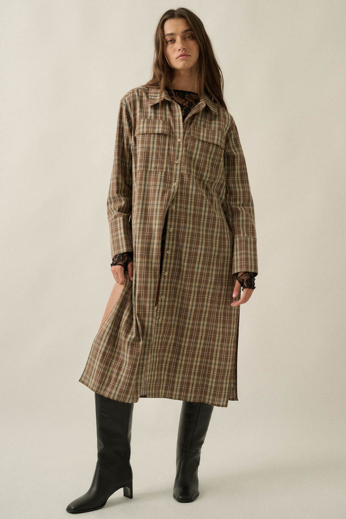 Off the Grid Plaid Button-Up Long-Sleeve Maxi Top - ShopPromesa