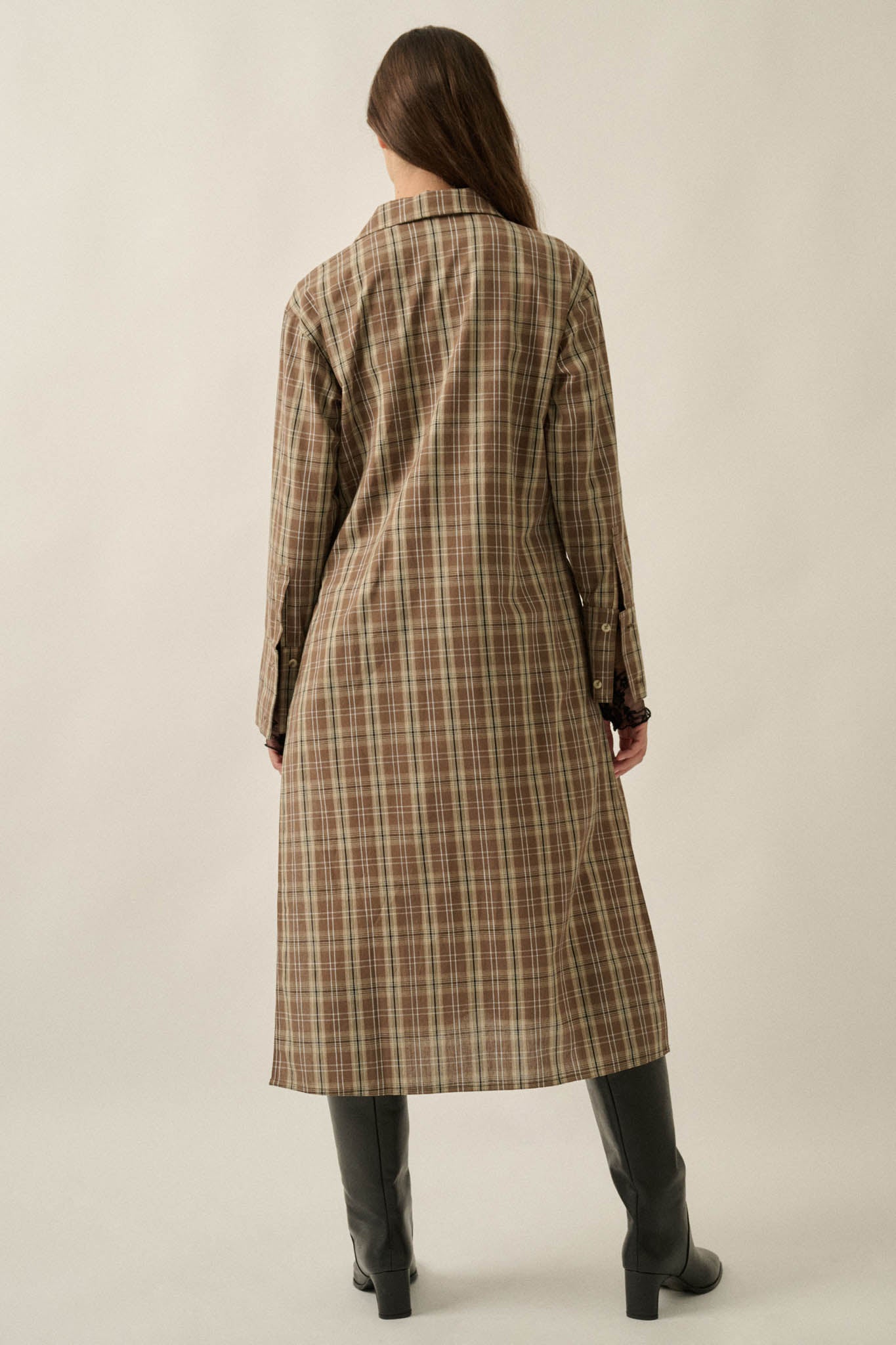 Off the Grid Plaid Button-Up Long-Sleeve Maxi Top - ShopPromesa