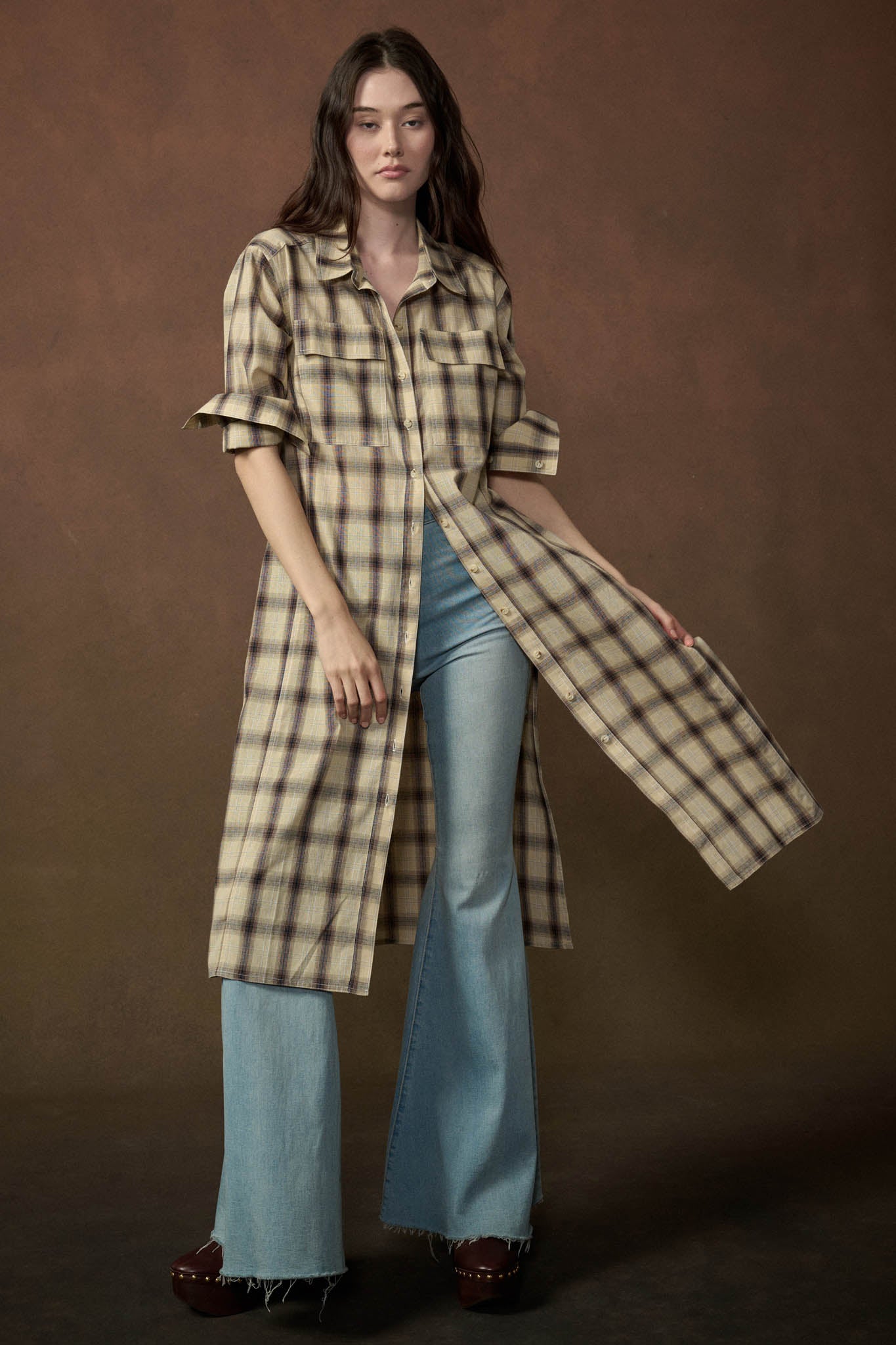 Off the Grid Plaid Button-Up Long-Sleeve Maxi Top - ShopPromesa