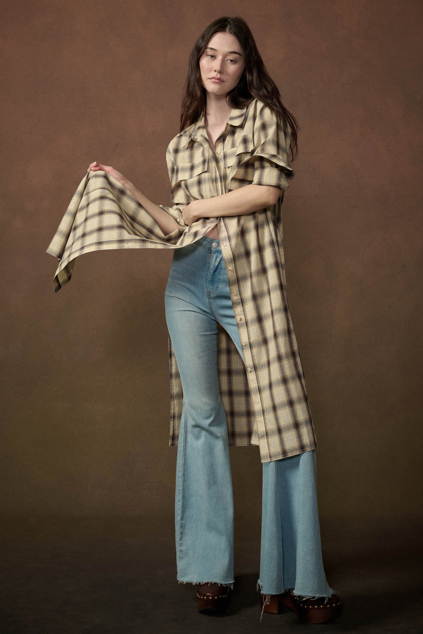 Off the Grid Plaid Button-Up Long-Sleeve Maxi Top - ShopPromesa