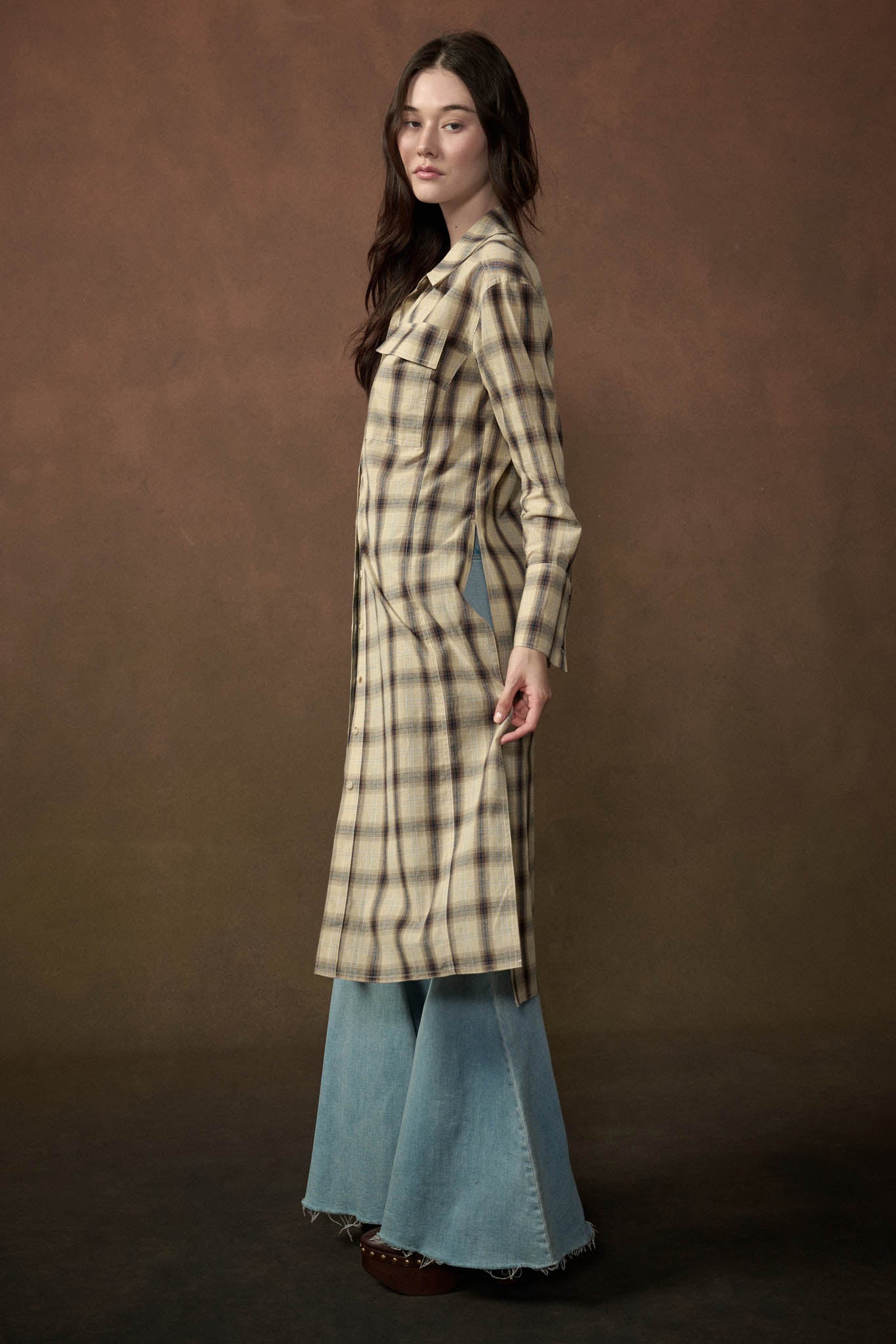 Off the Grid Plaid Button-Up Long-Sleeve Maxi Top - ShopPromesa
