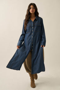 Out of the Blue Denim Button-Up Pocket Maxi Shirt - ShopPromesa