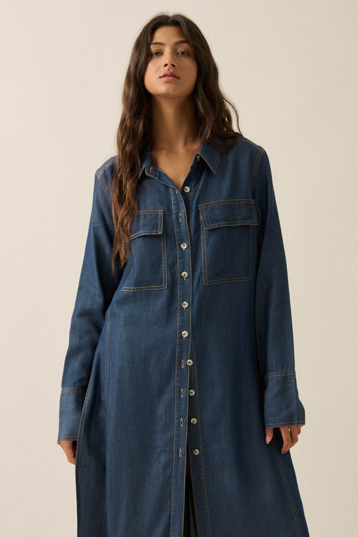 Out of the Blue Denim Button-Up Pocket Maxi Shirt - ShopPromesa