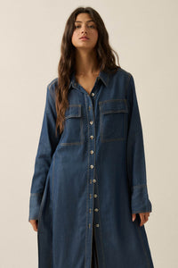 Out of the Blue Denim Button-Up Pocket Maxi Shirt - ShopPromesa