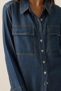 Out of the Blue Denim Button-Up Pocket Maxi Shirt - ShopPromesa