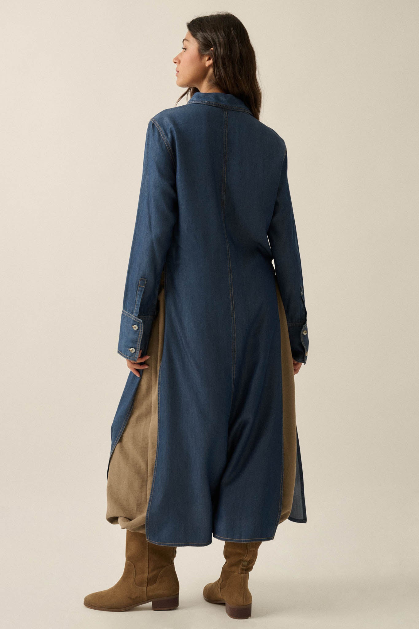 Out of the Blue Denim Button-Up Pocket Maxi Shirt - ShopPromesa