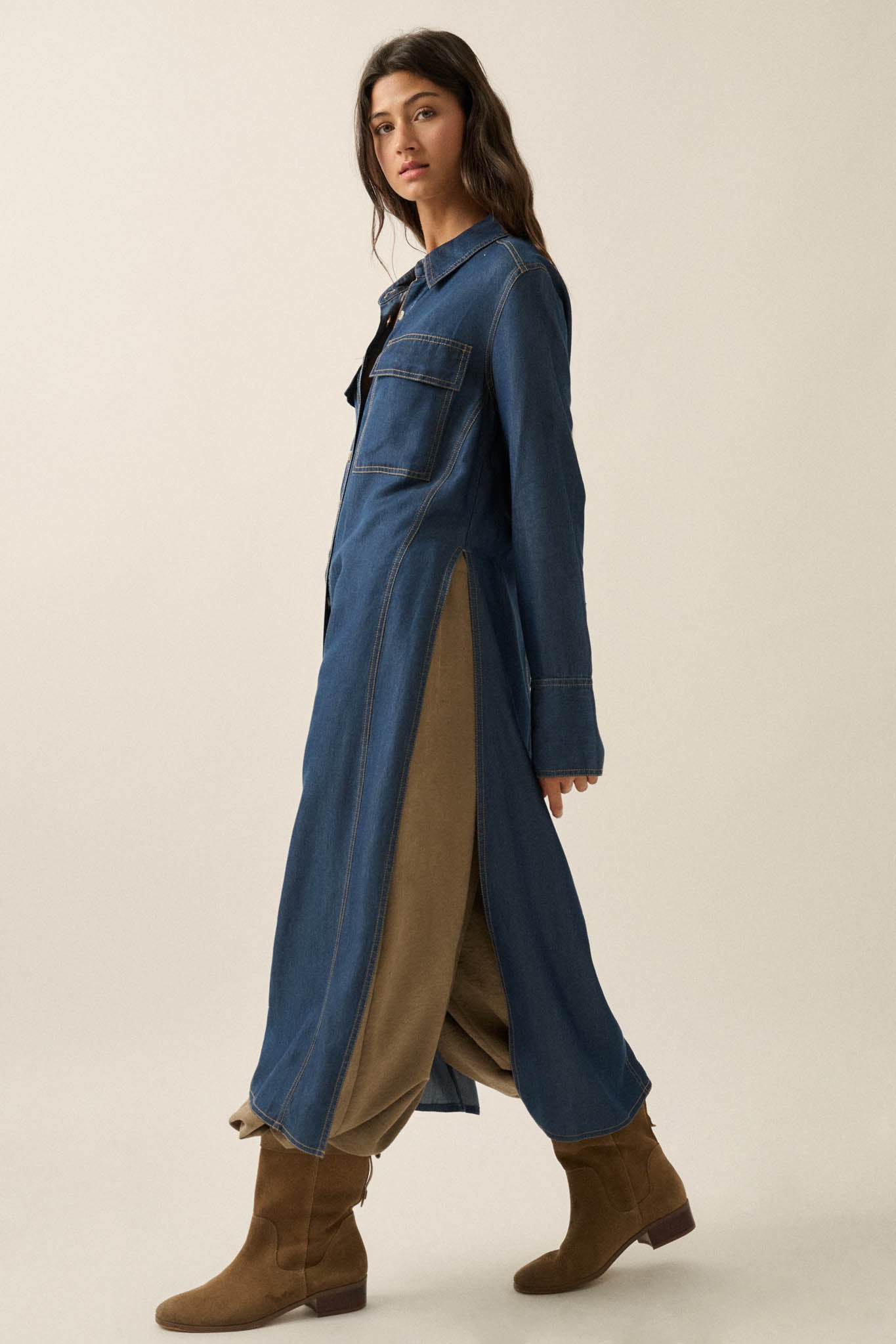 Out of the Blue Denim Button-Up Pocket Maxi Shirt - ShopPromesa