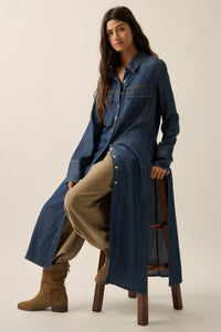 Out of the Blue Denim Button-Up Pocket Maxi Shirt - ShopPromesa