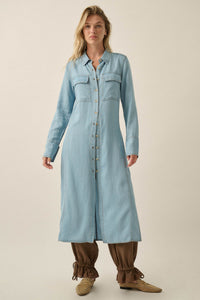 Out of the Blue Denim Button-Up Pocket Maxi Shirt - ShopPromesa