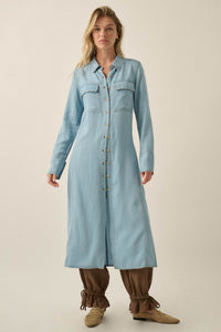 Out of the Blue Denim Button-Up Pocket Maxi Shirt - ShopPromesa